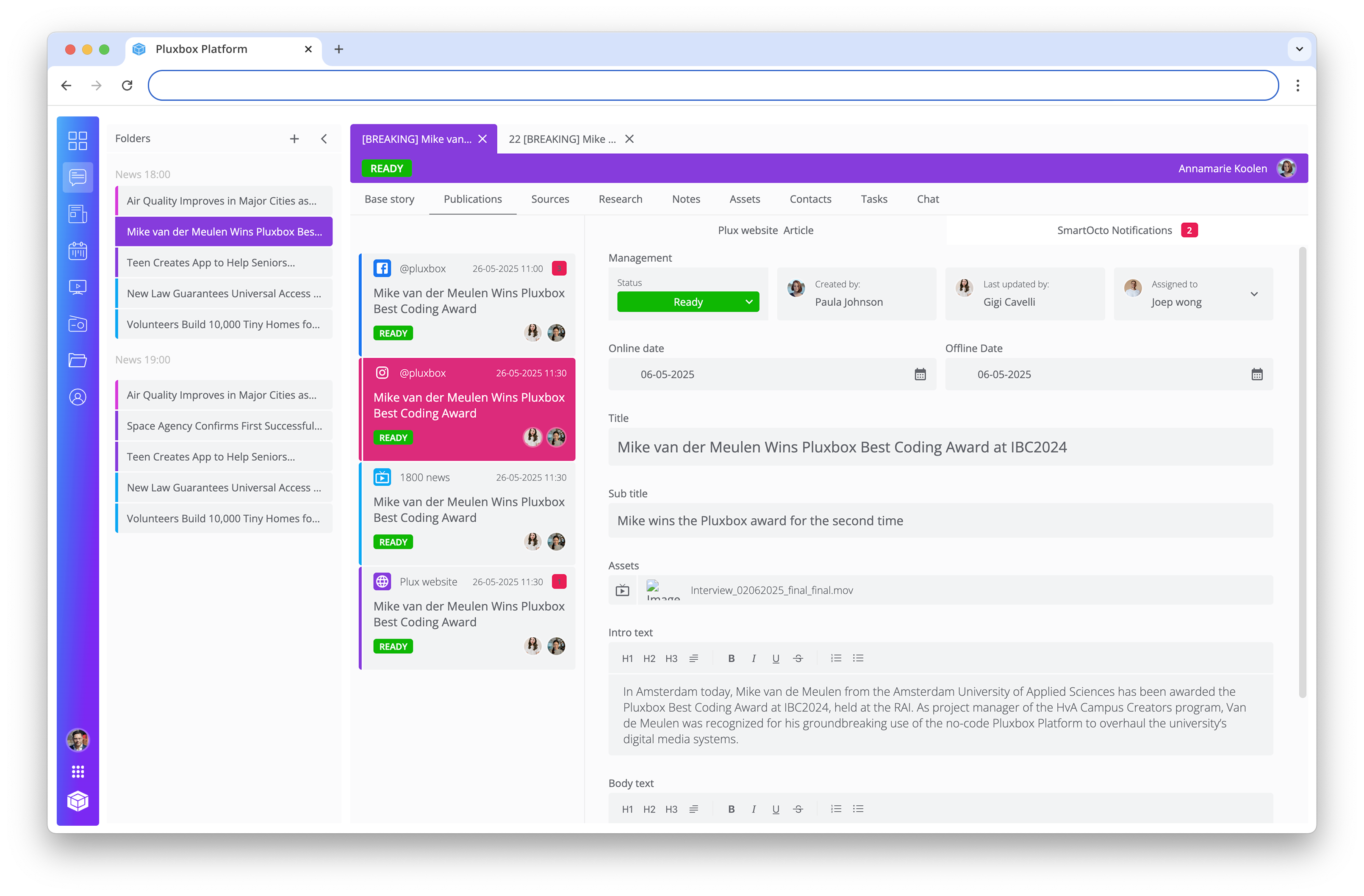 Screenshot of Pluxbox's newsroom workflow solution interface